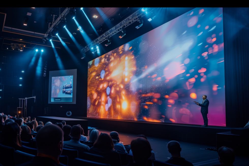 a man on stage for a keynote presentation