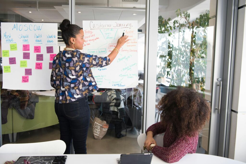 woman giving a presentation with handwritten pages and post its on the wall
